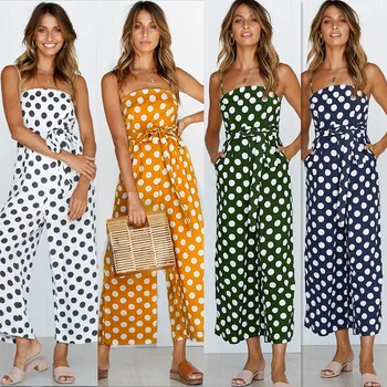 

Polka Dot Camisole Jumpsuit Women Rompers Summer Woven Strapless Belted Wide Leg Pants Jumpsuit Casual Overalls Femme