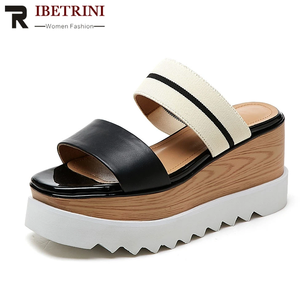 

RIBETRINI New Fashion Genuine Leather Shoes Ladies Wedges High Heels Flat Platform Shoes Woman Casual Party Summer Slippers