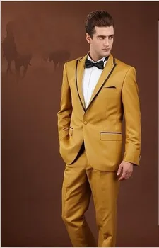 

2020 Latest Coat Pant Design Gold Yellow Men Suit Slim Fit 2 Piece Stylish Tuxedo Custom Groom Blazer Prom Suits Terno Masculino