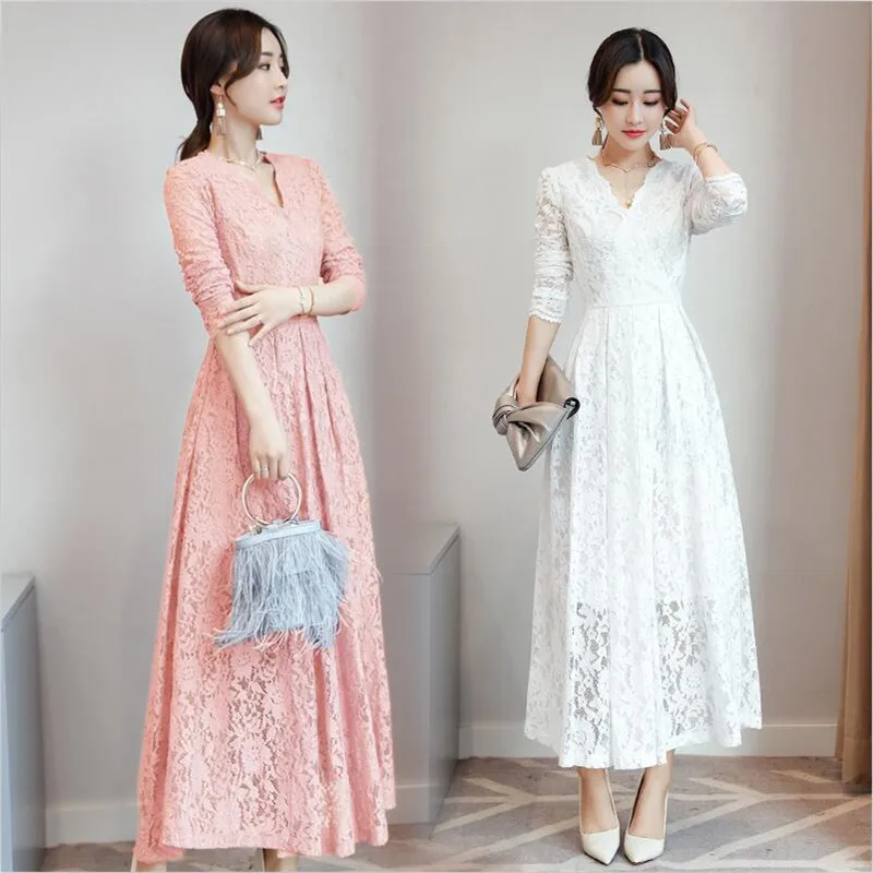 

2019 Women Autumn Winter Elagent Lace V-neck Long Sleeve Dress Female High Quality Bacis Dress vestidos vestido de festa