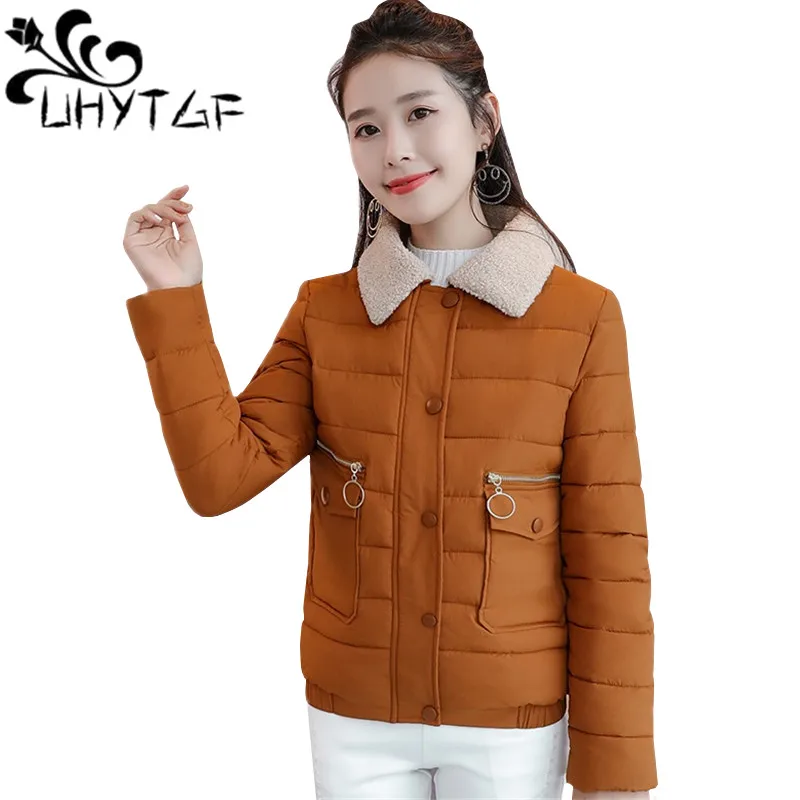 

UHYTGF Plus size Down Cotton Jacket Women Clothes Tops Short Coat Fashion New Winter Jacket Women Sweet Warm Lapel Female Jacket