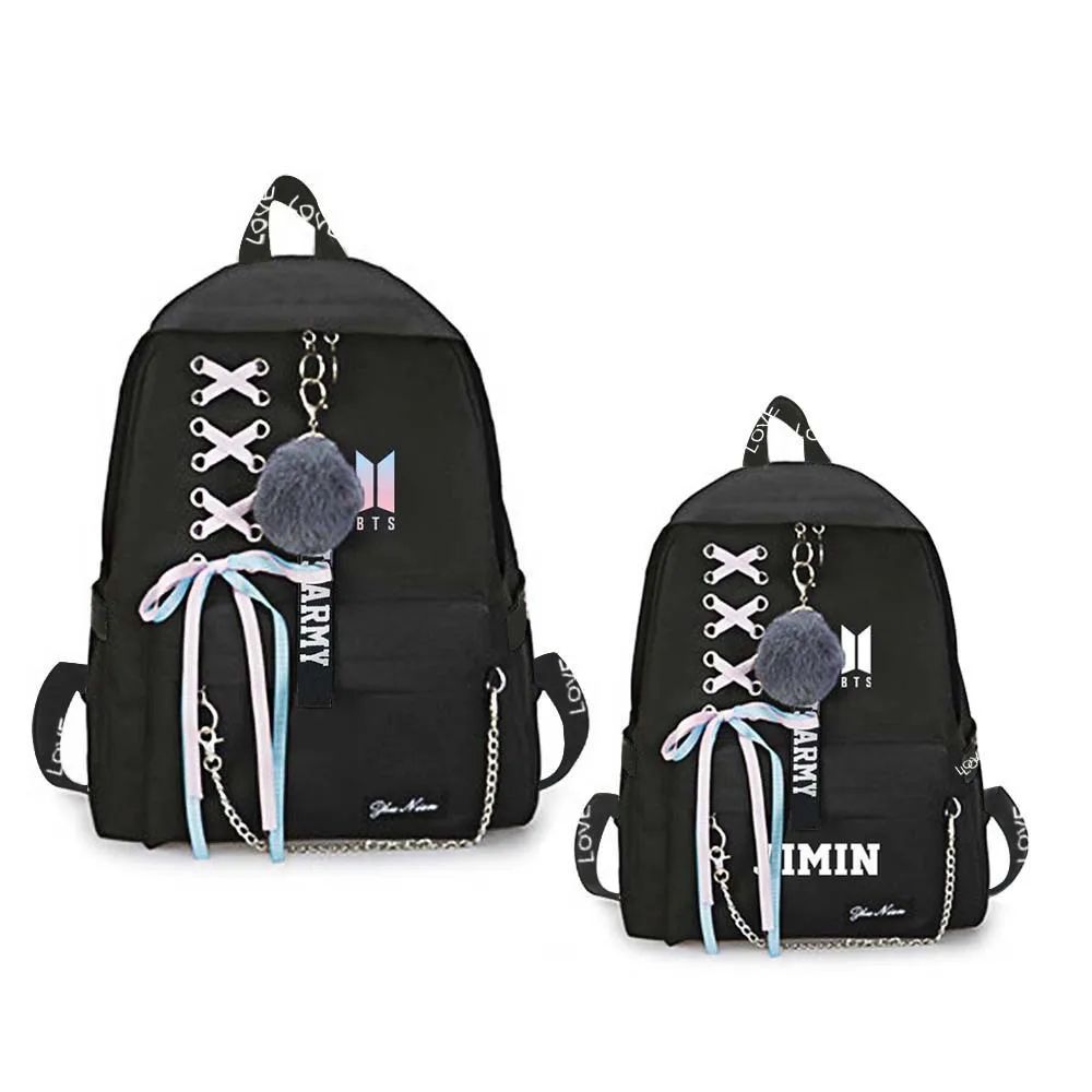 

New Kpop Army Love Yourself with Hair ball bow Chain Backpack Student Bag Fashion Backpack Fashion Black Bag
