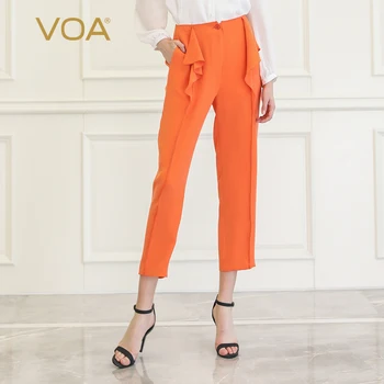 

VOA Orange High Waist Pencil Pants Slim Office Ladies Heavy Silk Trousers Ruffles Ninth Pants Harajuku Broeken Hippie Fall K838