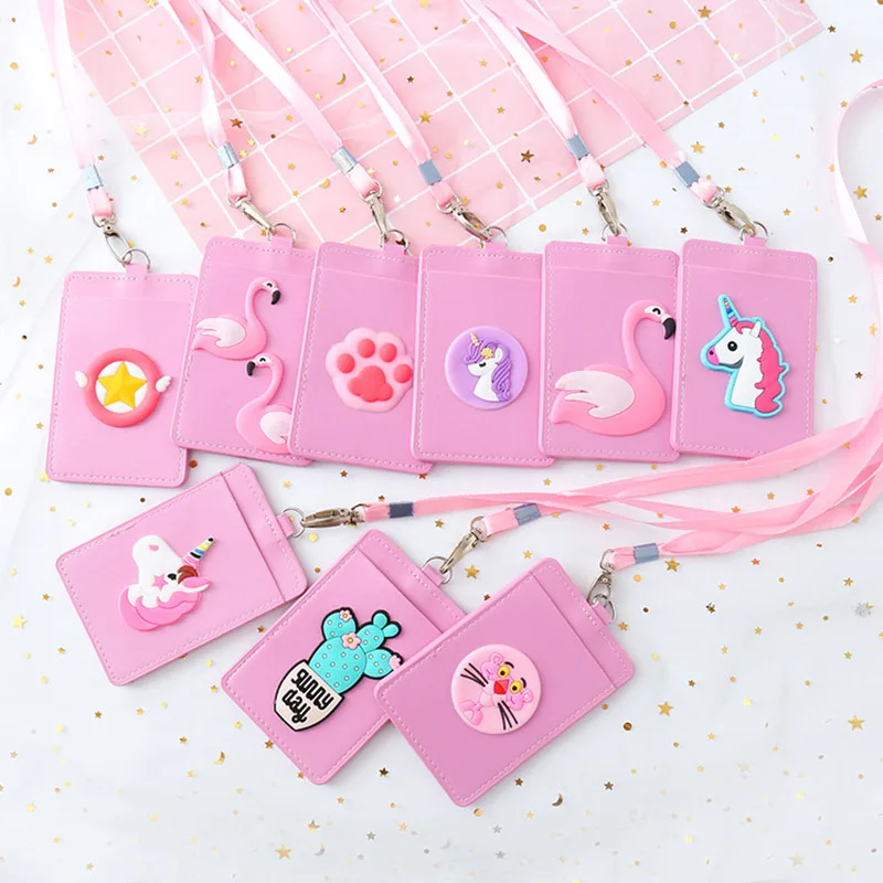 

Cute Flamingo Unicorn Shaped Named Card Holder Identity Badge with Lanyard PU Neck Strap Card Bus ID IC Holders With Key Chain