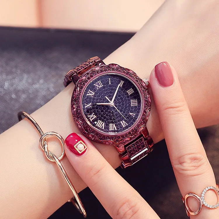 

2 Pieces! High Quality Women Watches Luxury Steel Full Rhinestone Wristwatch Lady Purple Crystal Dress Watch Female Quartz Watch