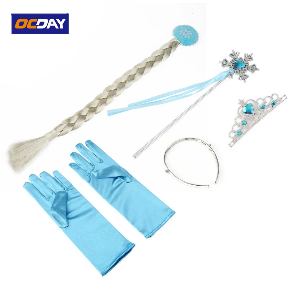 

OCDAY 4Pcs/set Children Hair Accessories Blue Crown Wig Magic Wand Glove for Girls Party Princess Elsa Anna Accessory Hot Sale