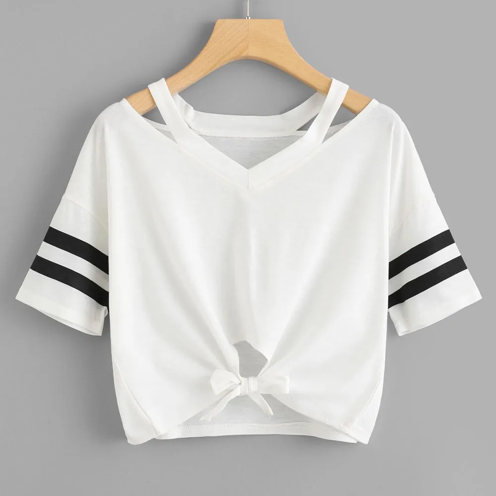 

Women Ladies Casual Crop Tops Sexy V Neck Striped Bow Shirt Summer Girls Short Sleeve Casual Tops Blouse White Top Hot Sale