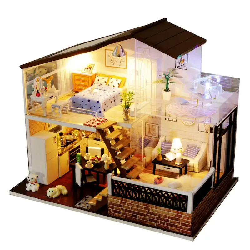 

DIY Doll House Wooden Doll Houses Miniature dollhouse Furniture Kit Toys for children Christmas Gift Sunlight without Dust cover