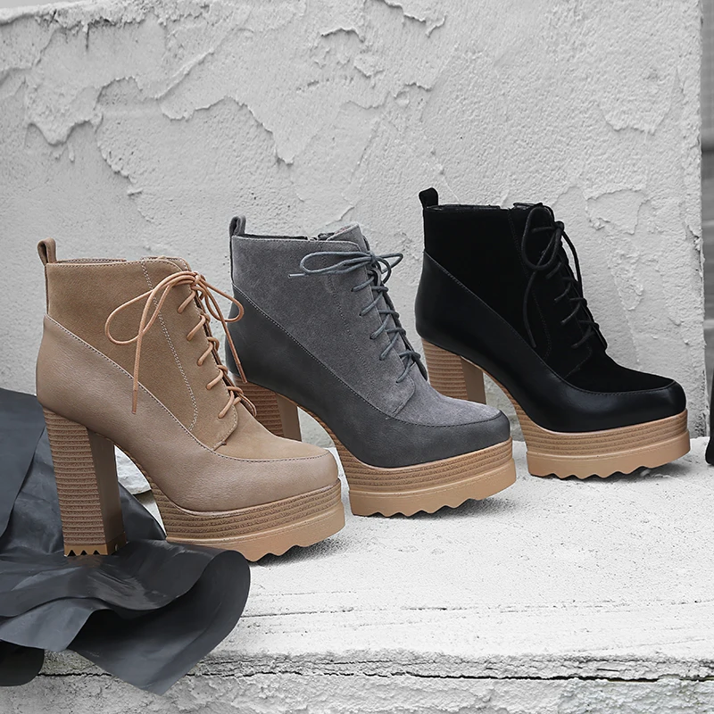 Bottes gris Esrfiyfe Éclair Microfibre Épais Plate forme Cheville La Chaussures Laçage À Apricot Femmes Fermeture Designers Nouvelle Talons 2018 De noir Marque Automne Hiver Haute Tlc3FK1J
