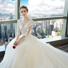 Fansmile, длинный шлейф, Vestido De Noiva, кружевные платья, свадебные платья, рукава, на заказ, размера плюс, свадебное Тюлевое платье для свадьбы, FSM-540T