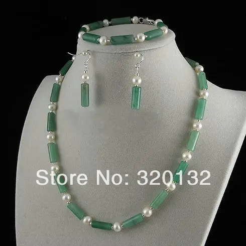 

fine natural 6-7MM white freshwater pearl &green jade Bracelet Earrings Necklace Silver gold plated Jewellery sets free shipping