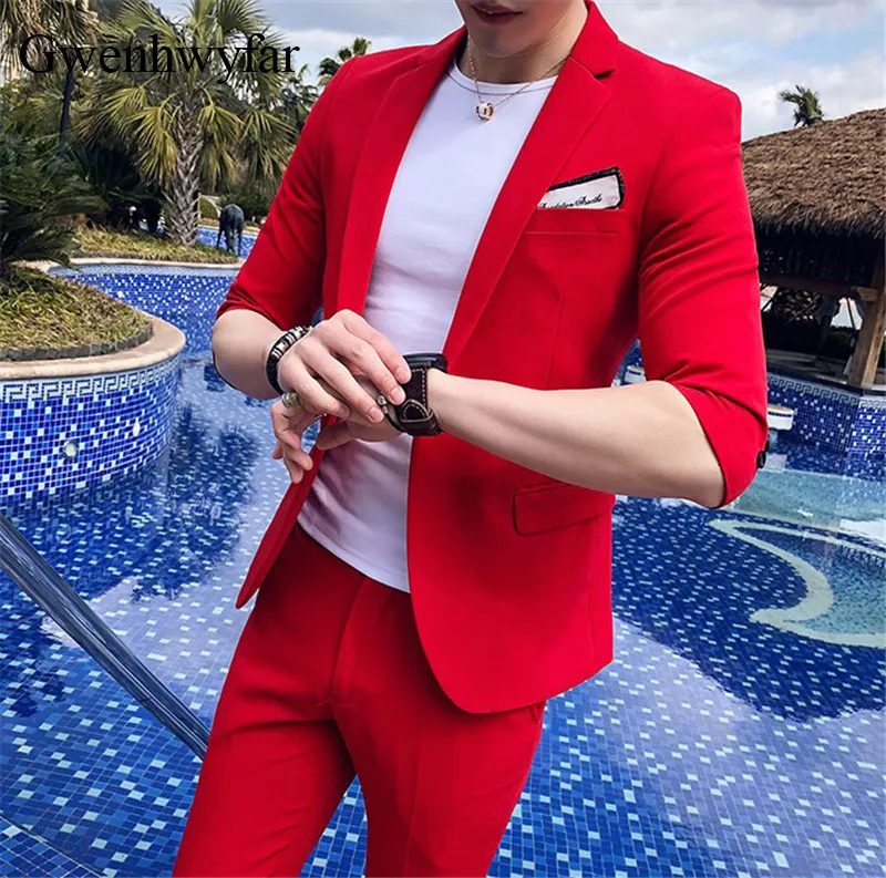 Gwenhwyfar New Short Sleeve Men Suits Red Tuxedo Jacket Pants 2 Piece