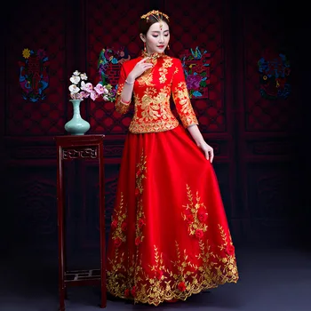 

Red Oriental Bride Dress Chinese Traditional Wedding Clothes Royal Women Marriage Cheongsam Suit Embroidery Qipao S-XXXL