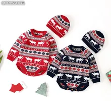 Новогодняя одежда для детей вязаный свитер для маленьких девочек и мальчиков комбинезон со шляпой из хлопка с принтом олень, детское боди для новорожденного, для младенца для малышей, хлопковый комплект детской одежды