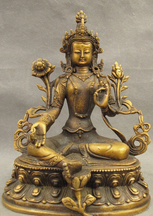 

9" Tibet Bronze Religion Temple Lotus Green Tara Buddha Kwan-yin Statue Set