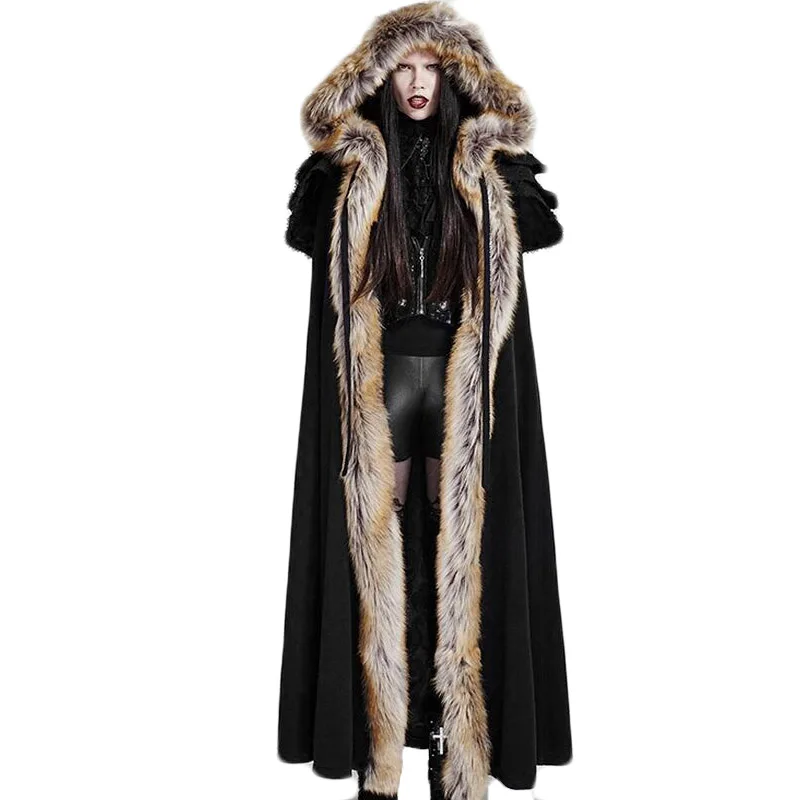 

Gothic Winter Wool Collar Long Cloak 2016 Steampunk Thermal Hooded Coat Female Long Sleeve Open Stitched Black Red Free Size