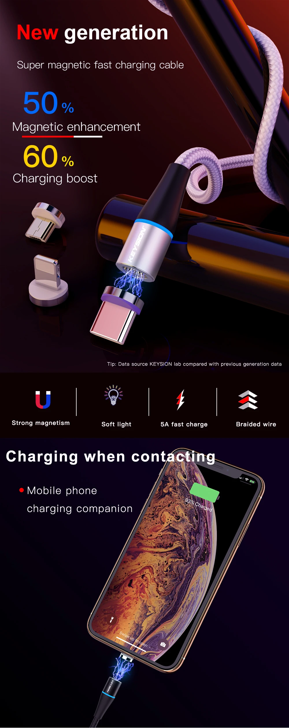 KEYSION 5A Магнитный кабель для iPhone type C Магнитный зарядный кабель Micro USB C для huawei Xiaomi телефонный кабель