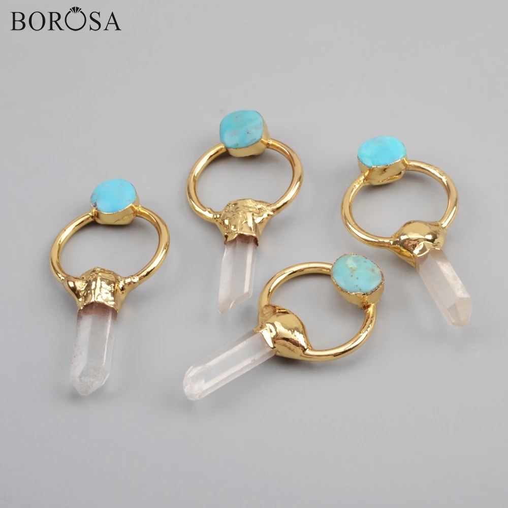 

BOROSA 5PCS High Quality Gild Aura Druzy Crystal Quartz Point With Round Natural Turquoises Charm Pendants for Necklace G1807