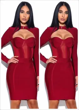 

Top Quality Wine Red Front Hollow Out Long Sleeve Sexy Rayon Evening Party Bandage Dress