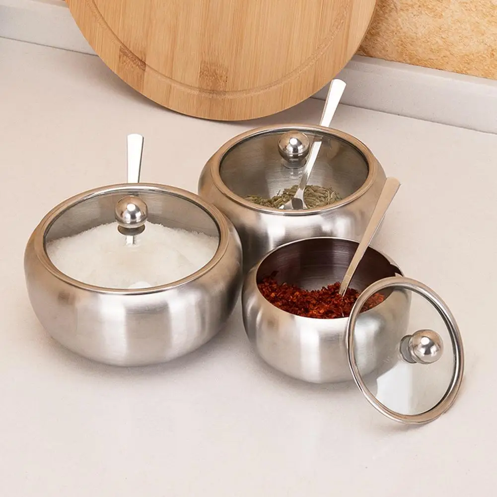 Sugar Salt Bowl Set Stainless Steel Seasoning Jar Condiment Spice Pot with Lid Spoon in Salt