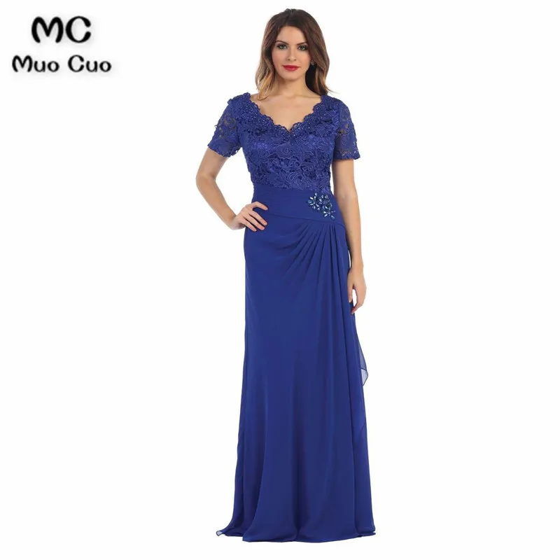 Mocuo ройер синий Мать невесты платья с короткий рукав бисером Для женщин Vestidos шифон Вечерние платья