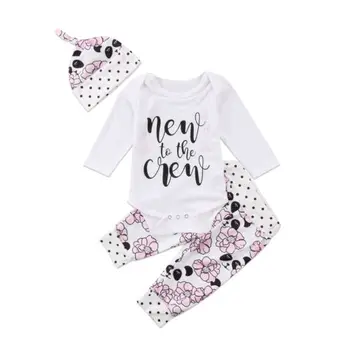

US STOCK 3PCS Newborn Baby Girl floral outfits letter print long sleeve white Romper Long dot rose Pant Hat winter Clothes Set