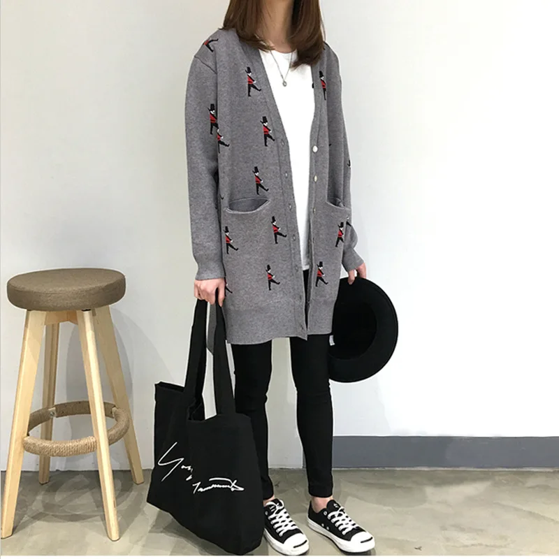 New Autumn Winter Womens Sweaters V neck Single Breasted Knitted Ladies Cardigan Cartoon Soldier Sweater Knitwear Sweater