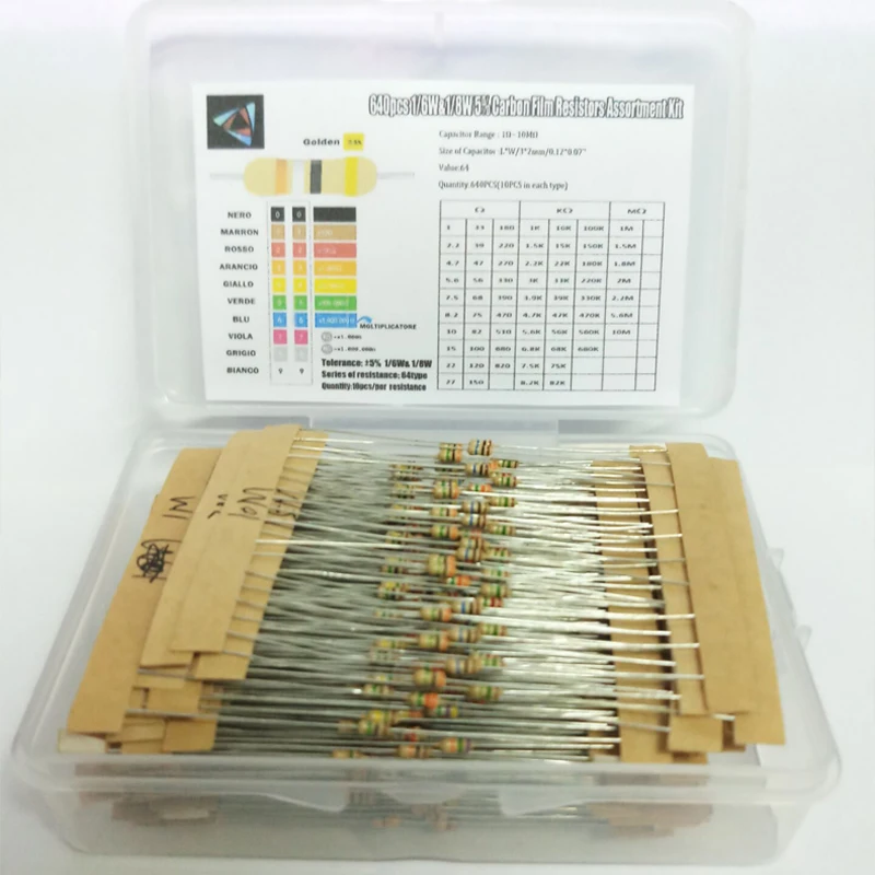 

1/6W&1/8W 5% 640pcs 64 Values 1R - 10MR Carbon Film Resistor Assorted Kit Set