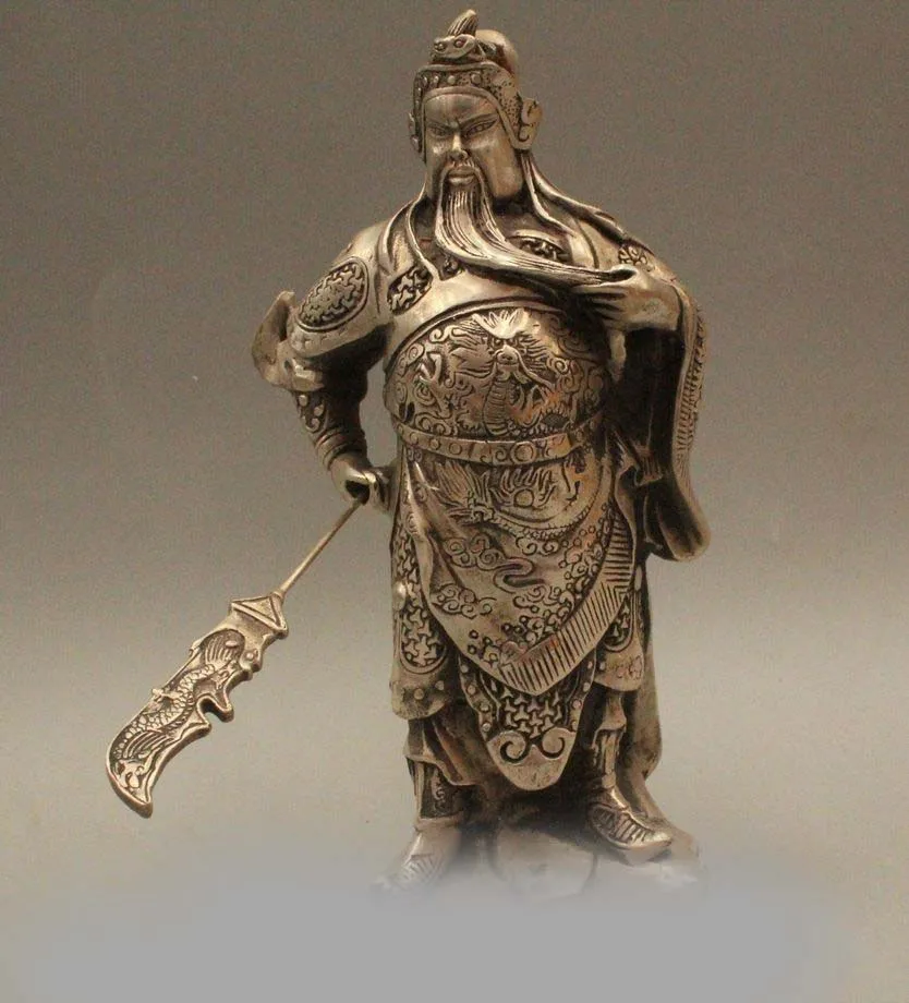 

9" Chinese Folk Silver Dragon General Guan Gong Yu Warrior God Statue Sculpture