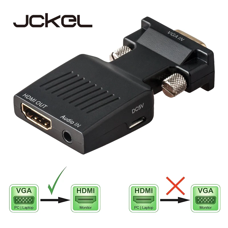 

JCKEL 1080P VGA Male to HDMI Female Scaler Adapter Connector Cable with Audio 3.5 Aux Converter Video Splitter for PC TV Monitor
