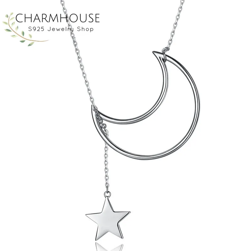 

New Sterling Silver Long Necklaces for Women 31 Inch Star & Moon Pendant Necklace Choker Torque Wedding Jewelry Gifts for Girls