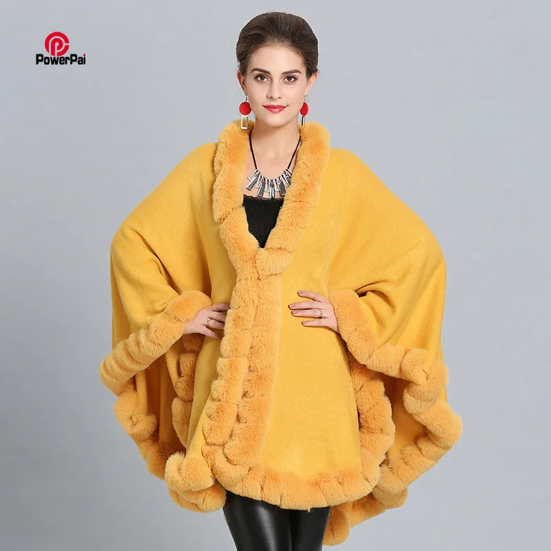 

New Fashion Loose Handwork Rex Rabbit Fur Cloak Coat Elegant Women Good Faux Fur Cape Shawl Long Cashmere Wraps Overcoat Winter