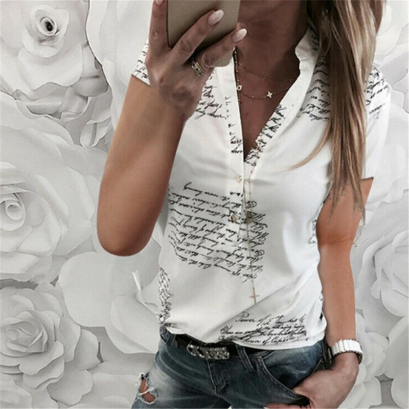 

Summer Women Fashion White Black Blouse Letters Printed Buttons V-neck Sexy Tops Short Sleeve Shirts Female Blusas Plus Size 3XL