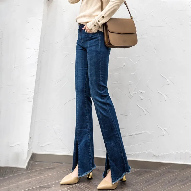 Tallas Moda Dividido De Otoño Flare Mujeres Nuevo Denim Cintura Twotwinstyle Mujer 2018 Pantalones Alta Borla Grandes Blue Jeans WOqHXP