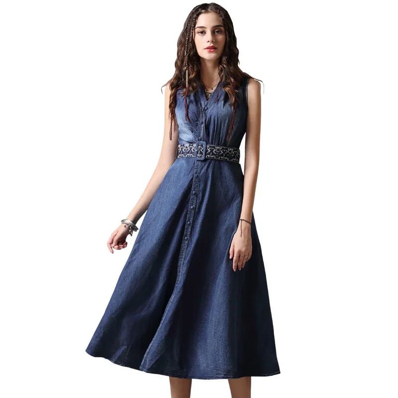 Summer Long Denim Dress Women Vintage Sleeveless Jeans Dresses Pleated Casual Denim Dress Vestidos Length Denim Dress Summer Long Denim Dress Women Vintage Sleeveless Jeans Dresses Pleated Casual Denim Dress Vestidos Length Denim Dress