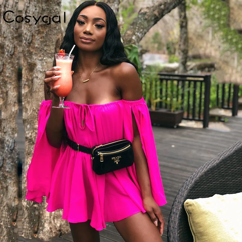 

COSYGAL White Chiffon Loose Mini Dress Women Strapless Off The Shoulder Casual Dress full sleeve split Club summer Dress