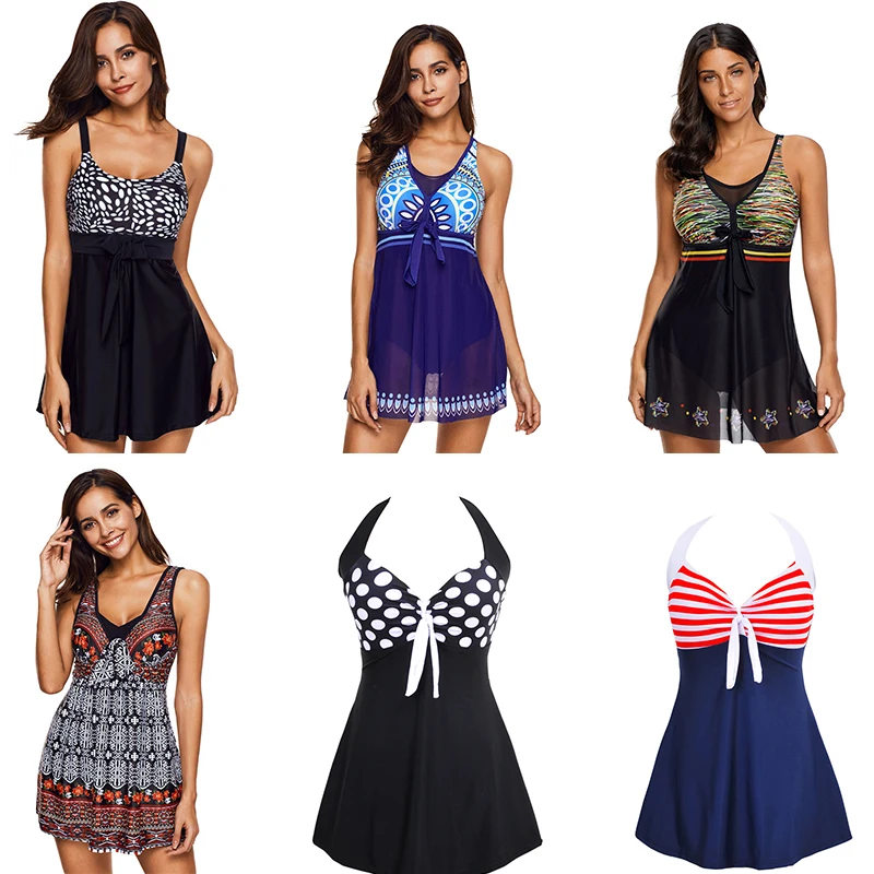 

New Sexy One Piece Halter Swimwear Skirt 2019 Women Swimsuit Beachwear Bathing Suit Dress Striped Pad Plus Size