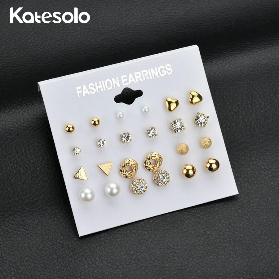 

12 Pcs/Set Crystal Round Alloy Ball Gold Color Shiny Stud Earrings Vintage Simulated Pearl Earring Set Cute For Women Brincos