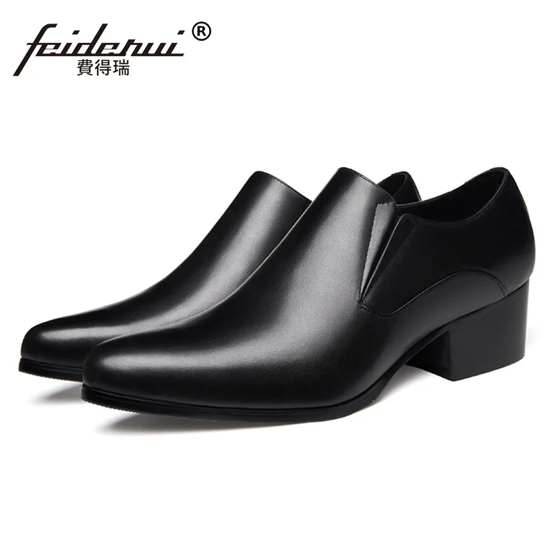 High Quality Man Handmade Casual Shoes Genuine Leather High Heels Loafers Pointed Toe Height Increasing Men's Basic Flats SS239