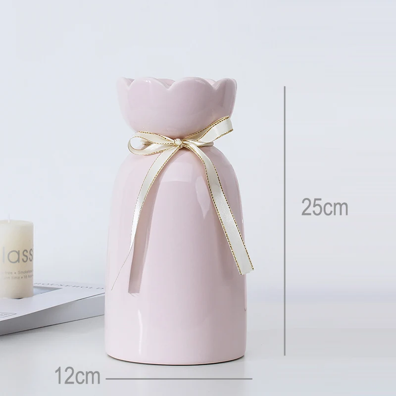 Простая Современная керамическая ваза с бантом, украшение для дома, Цветочная ваза для дома, цветочное украшение для гостиной, украшение стола - Цвет: pink 25cm