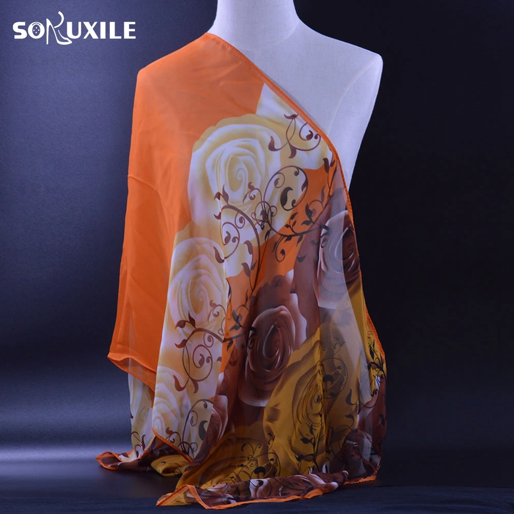 SOKUXILE New Trendy Chiffon Scarf 2019 Female flower Summer Autumn Long Design Air Conditioning Cape Silk Scarves Shawl | Аксессуары для