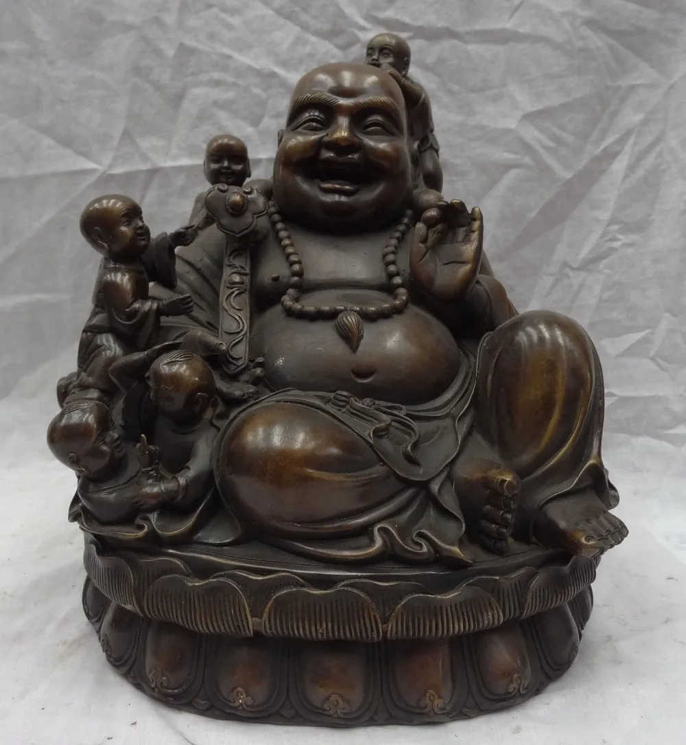 

xd 002247 11" China Buddhism Bronze 5 Kid RuYi Joss Happy Laughing Maitreya Buddha Statue