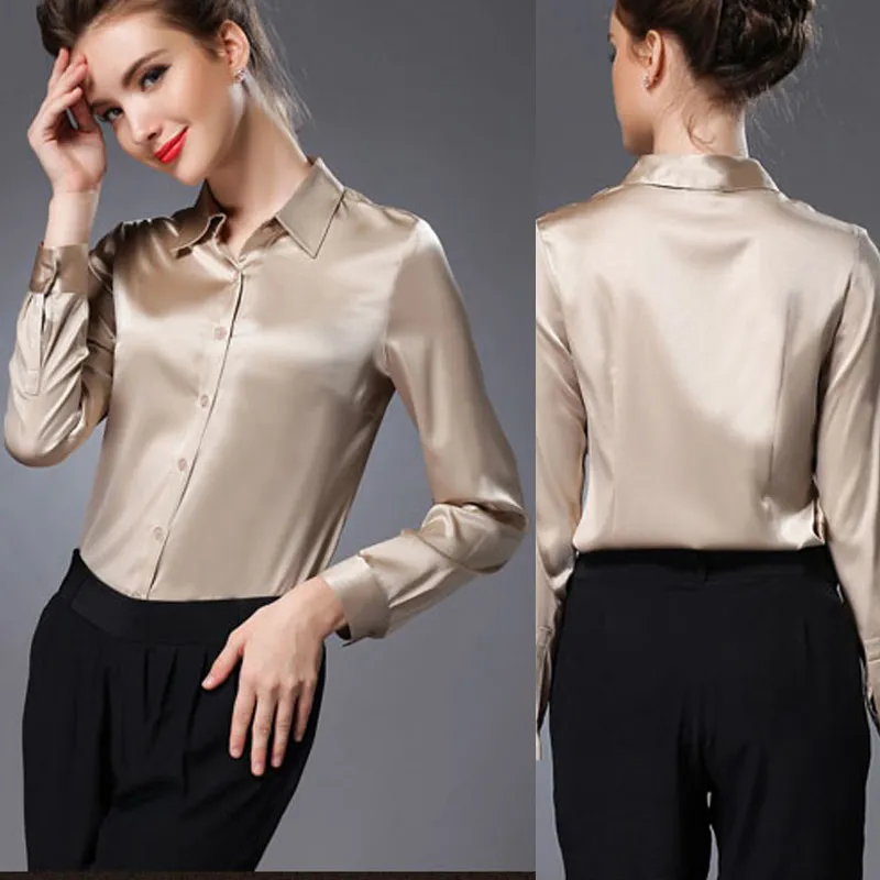 S 3XL women high quality satin silk blouse button ladies silk satin ...