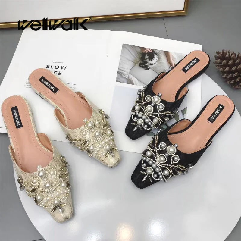 

Wellwalk Rich Pearl Mules Shoes Women Summer Slip On String Bead Slippers Pointed Toe Ladies Rhinestone Pearl Slides Female