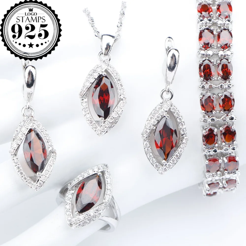 

Silver 925 Costume Bridal Jewelry Sets Women Dark Red Zirconia Bracelets Dangle Earrings Pendant Necklace Rings Set Gift Box