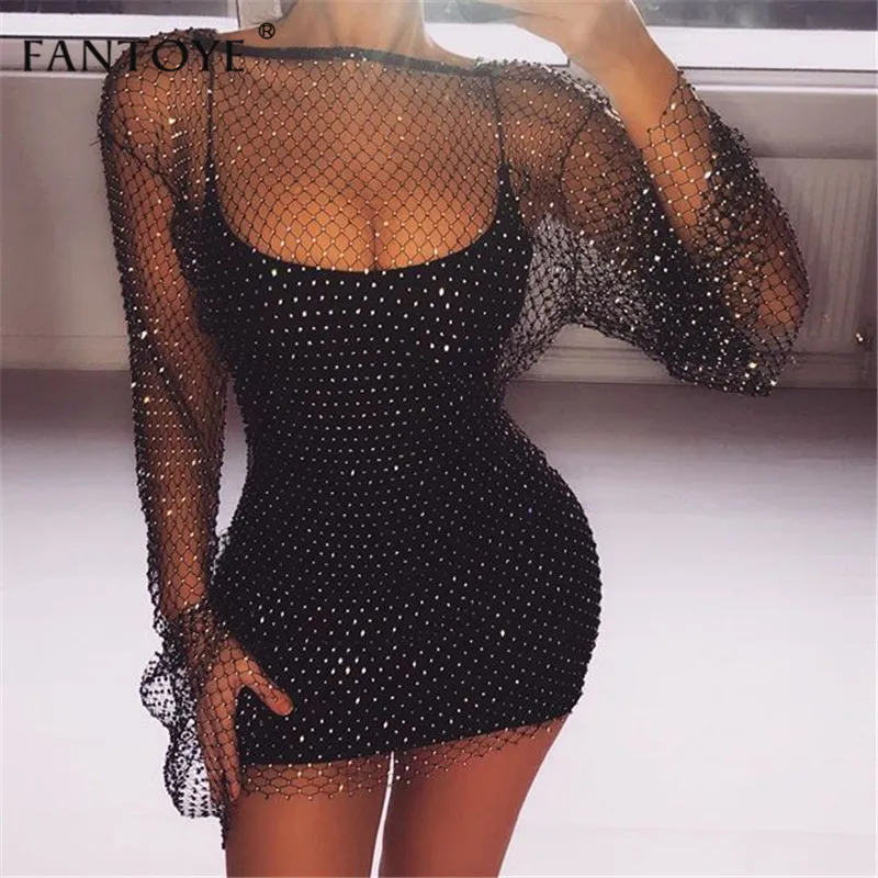

Fantoye 2019 Crystal Diamond Sexy Bodycon Dress Women Hollow Out Mini Dress Summer Fishnet Mesh Beach Dress Party Vestidos