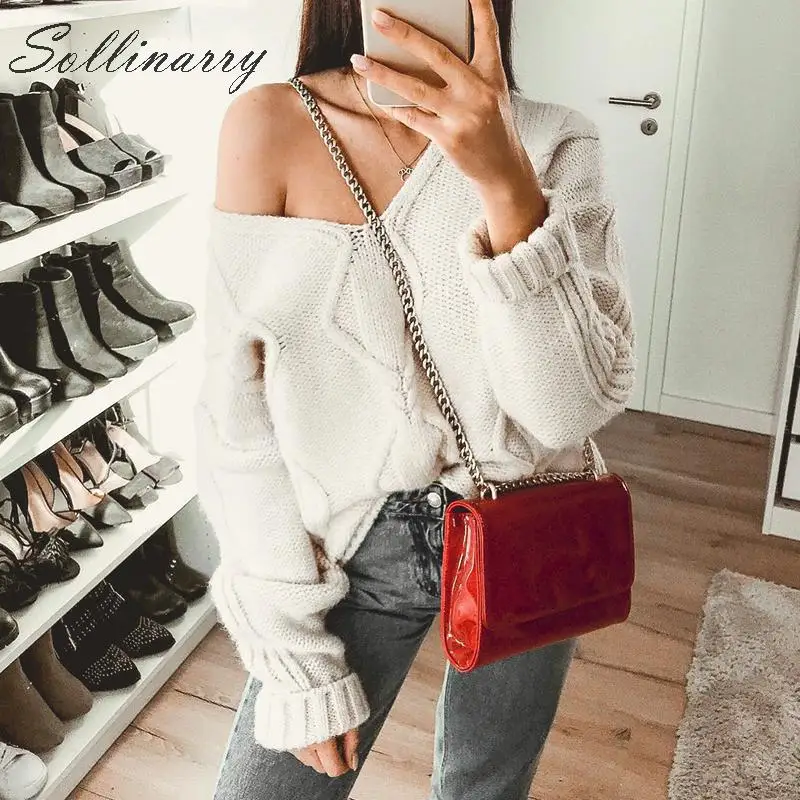 

Sollinarry New Sexy White Thick Winter Sweater Pullover Women Deep V Neck Knitted Autumn Sweaters Off Shoulder Oversize Jumpers