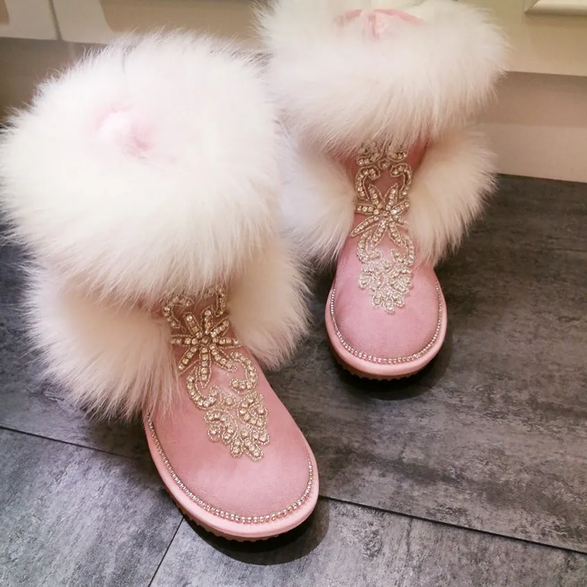 Toe Décontractées À Ronde Filles Luxe Chaussures Nouveau Plates Abesire Bottines 2019 Cheveux Sexy Renard Neige Strass Femmes Slip sur Bottes De Dames Rose aYqw10