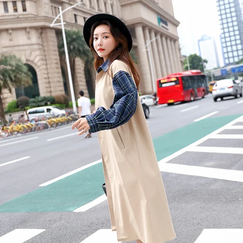 Plaid Taille Manteau Femmes De rouge Plus Long Mince Bleu Coréenne Patchwork Lâche Vintage Tranchée La 2018 Automne Mode tQBsdCrhx