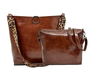 

FiveLoveTwo 2 Pcs Women Leopard Print Bag Leather Tote Top Handle Big Shoulder Handbag Purse